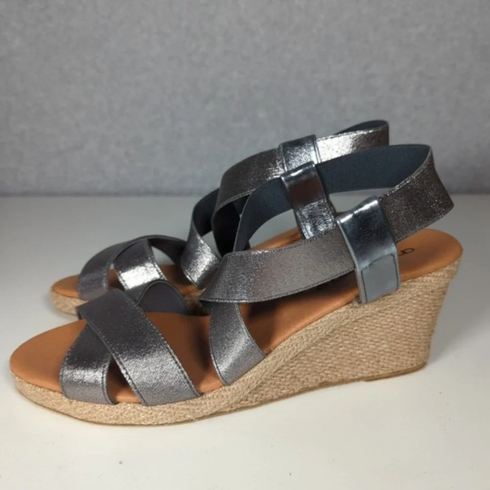 Andre Assous Leather Dalmira Espadrille Wedge Sandal Slingback Womens 9M Pewter‎